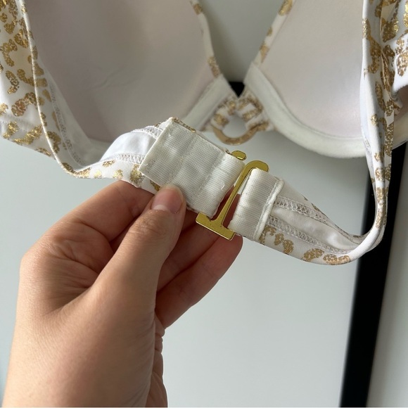 [L] White On Gold Cheetah Print Halter Tie Push Up Swim Bra Bikini Top 34/36/C/D - Picture 9 of 10